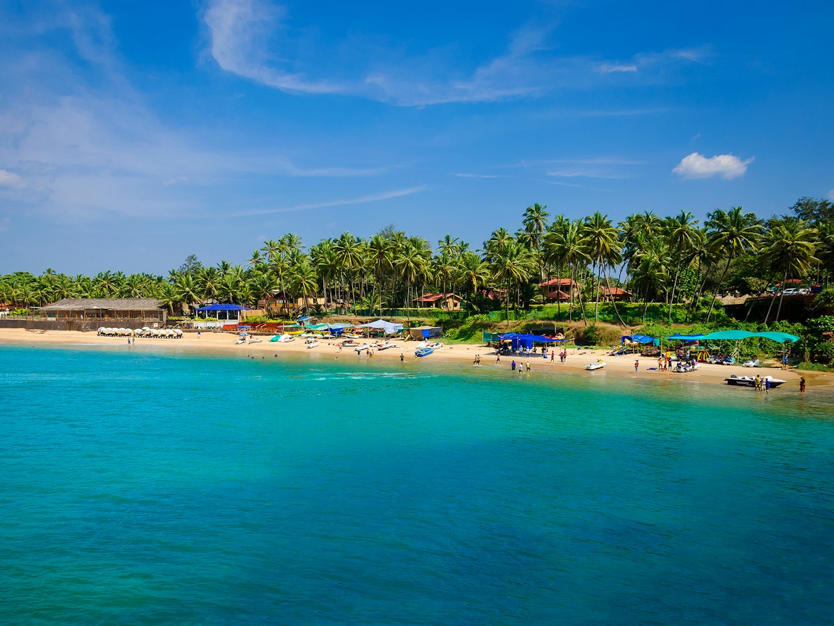 Palm-lined beach and clear blue water in Goa