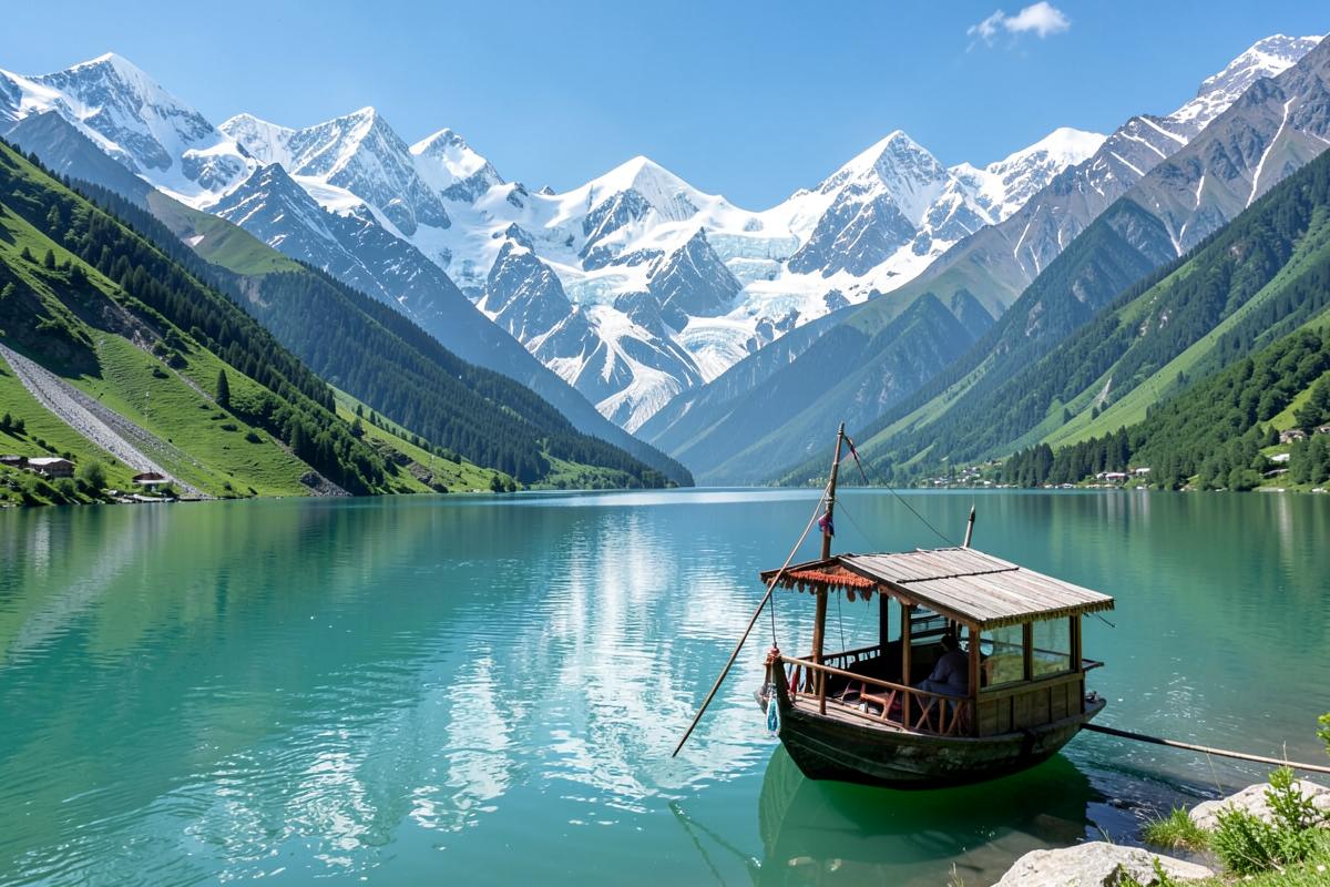 Snow-capped mountains and a shikara on a Kashmir lake